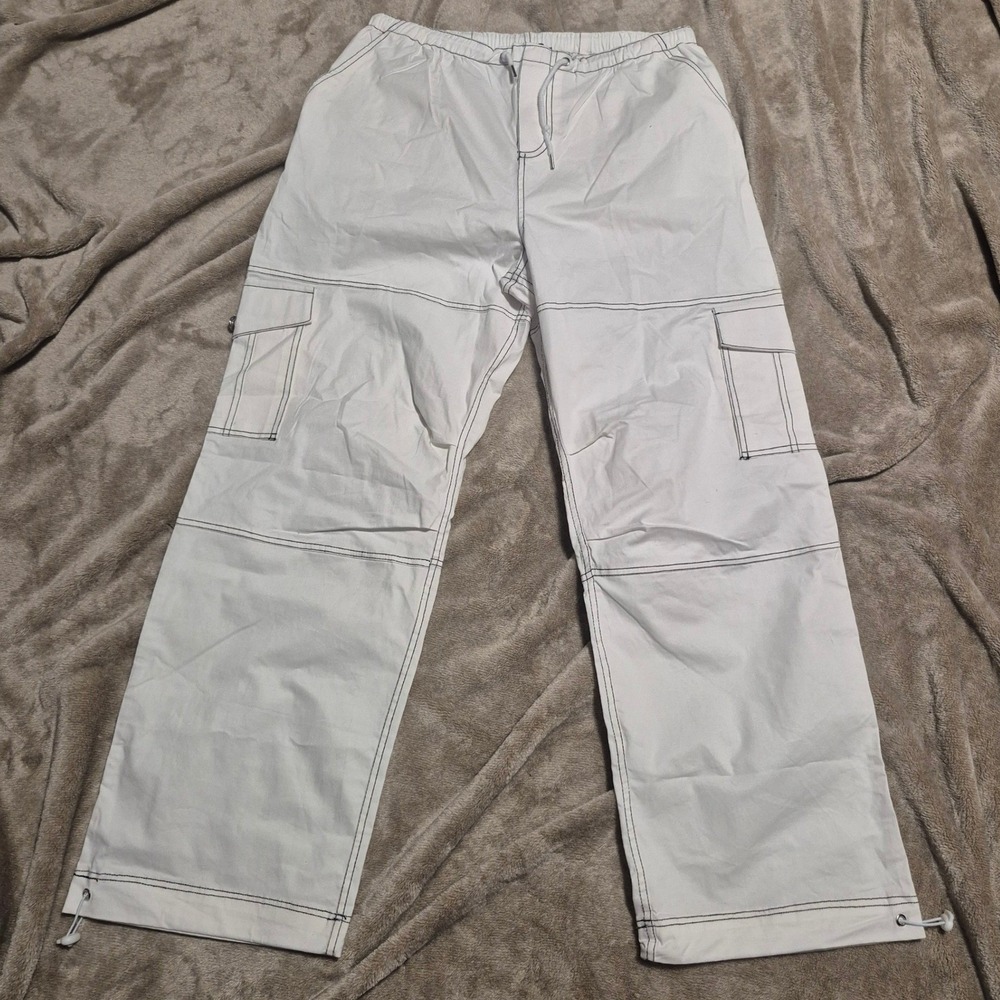 Forever 21 Womens White Contrast Stitch Cargo Pants Straight Leg Utility Small